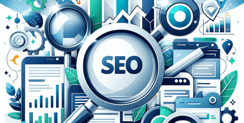 Professional SEO illustration with analytics charts and search optimization symbols for latest trends article