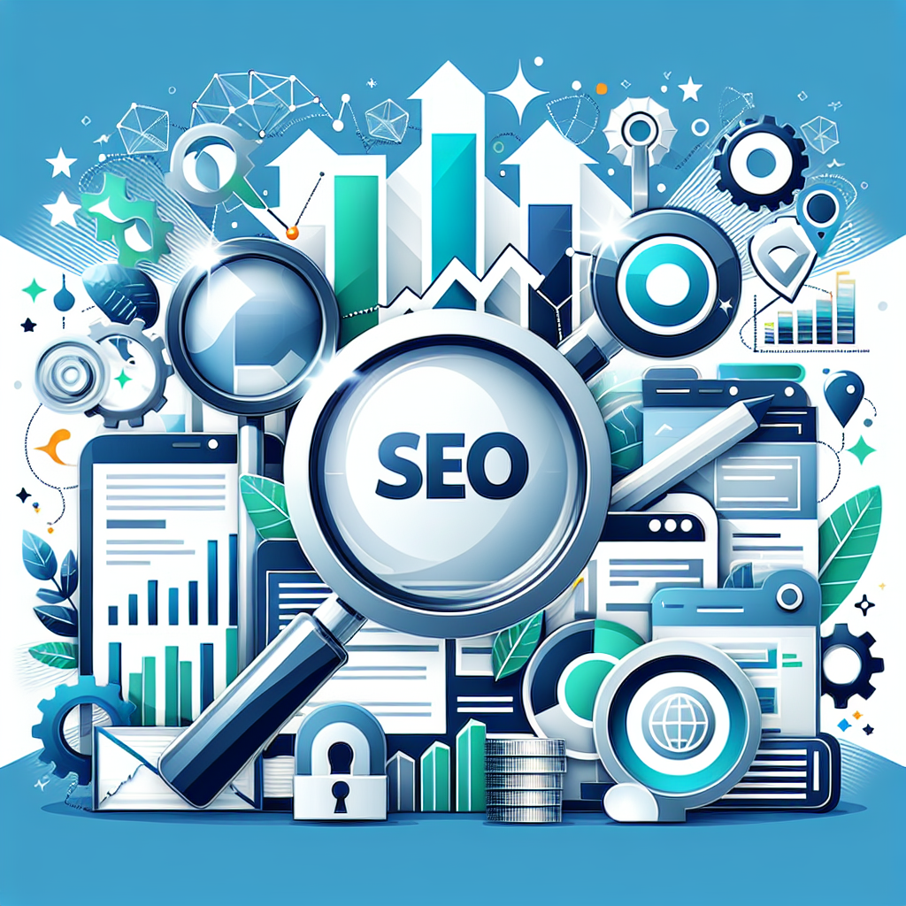 Professional SEO illustration with analytics charts and search optimization symbols for latest trends article