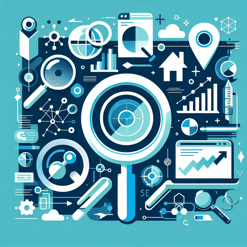 Professional SEO illustration with analytics charts and search optimization symbols for latest trends article