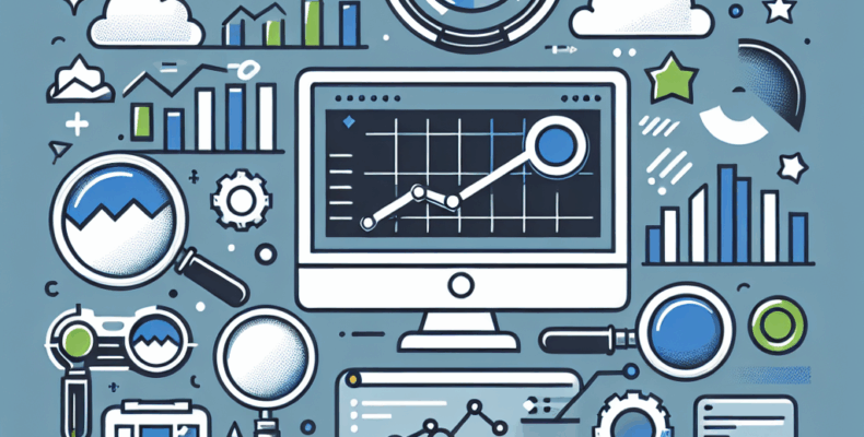 Professional SEO illustration with analytics charts and search optimization symbols for latest trends article