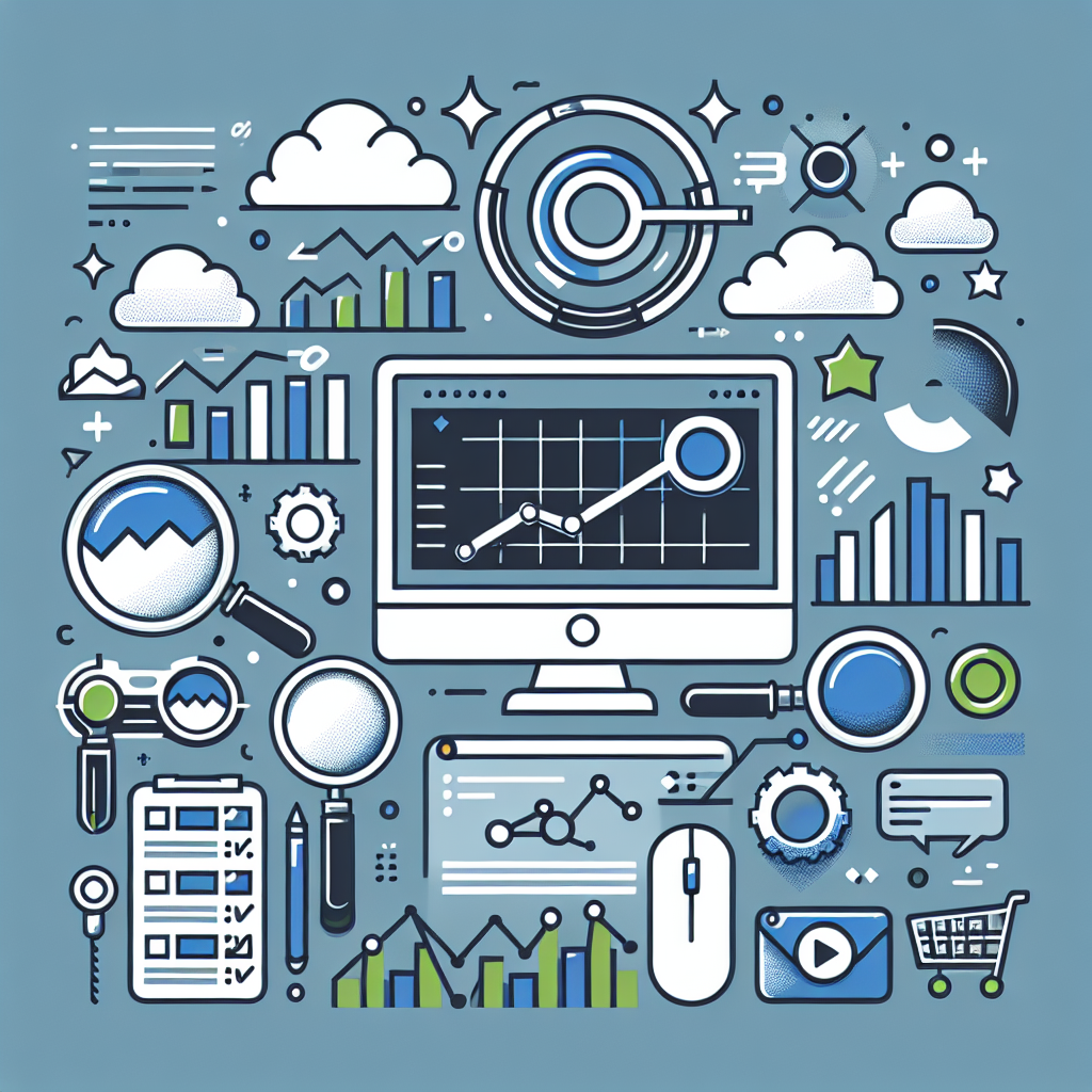 Professional SEO illustration with analytics charts and search optimization symbols for latest trends article