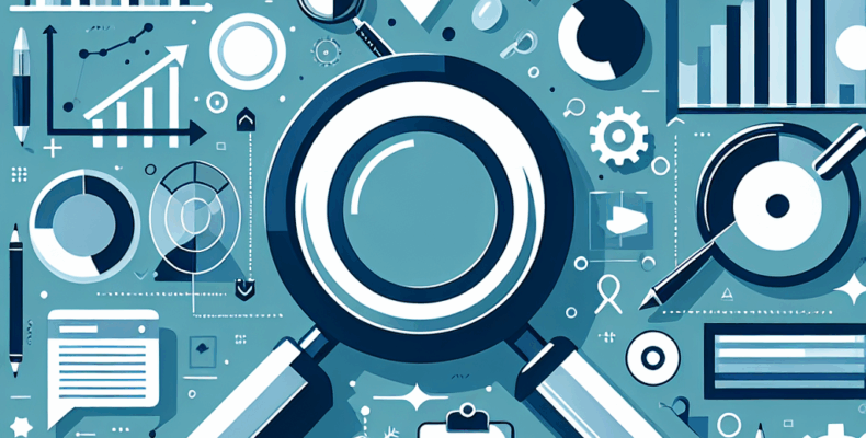 Professional SEO illustration with analytics charts and search optimization symbols for latest trends article