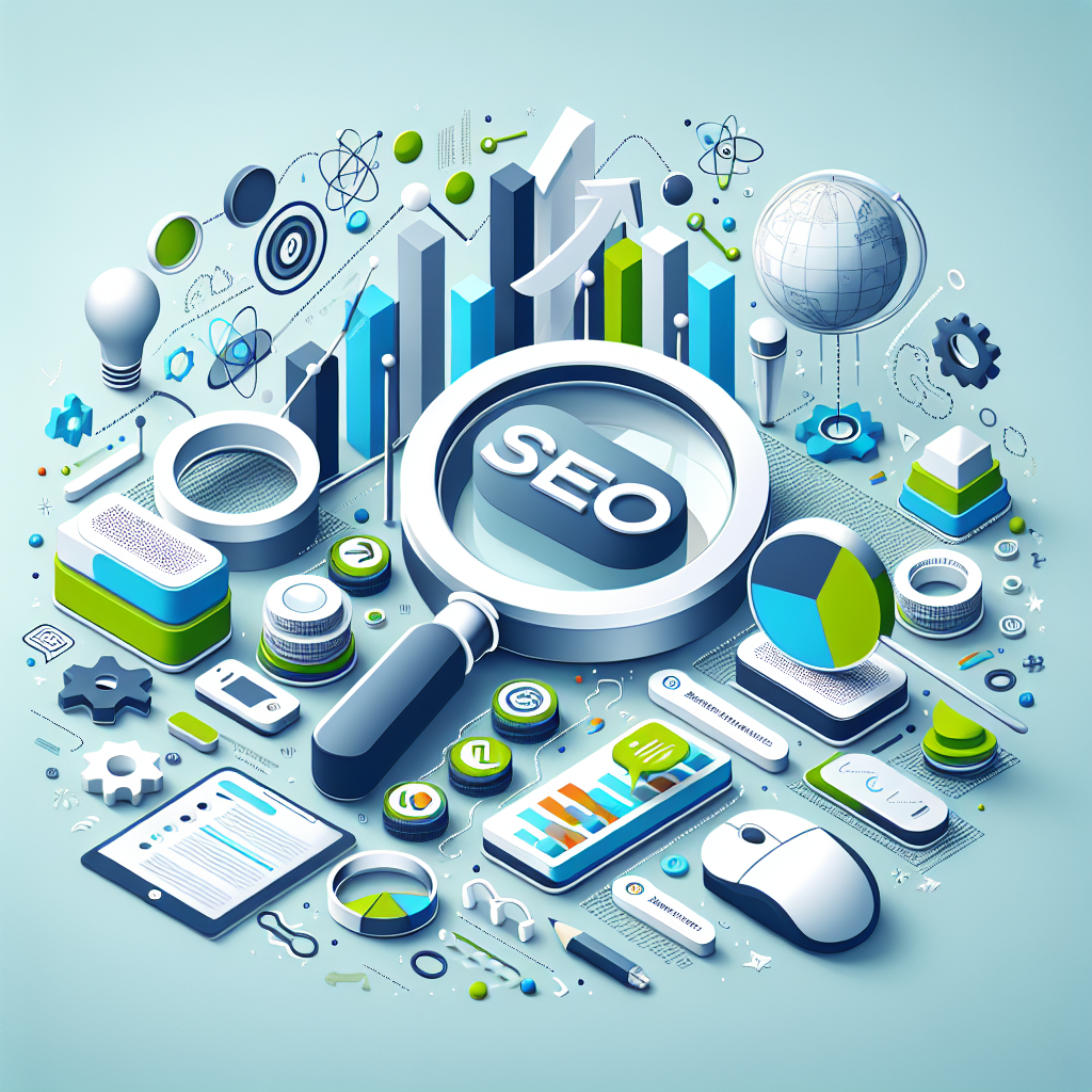 Professional SEO illustration with analytics charts and search optimization symbols for latest trends article