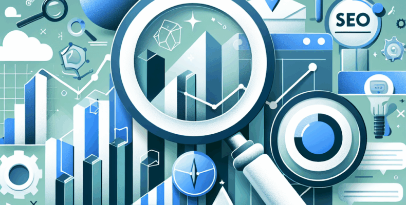 Professional SEO illustration with analytics charts and search optimization symbols for latest trends article
