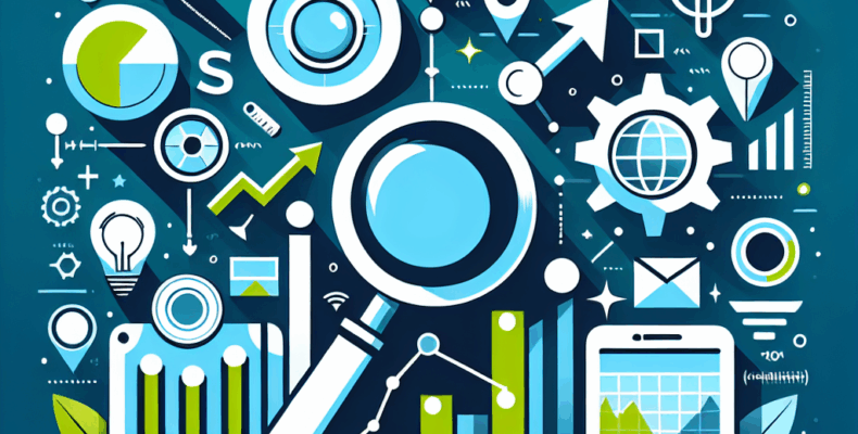 Professional SEO illustration with analytics charts and search optimization symbols for latest trends article