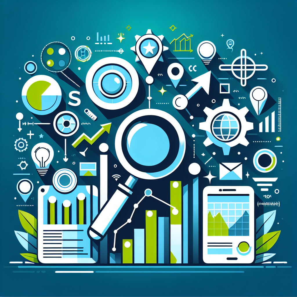 Professional SEO illustration with analytics charts and search optimization symbols for latest trends article