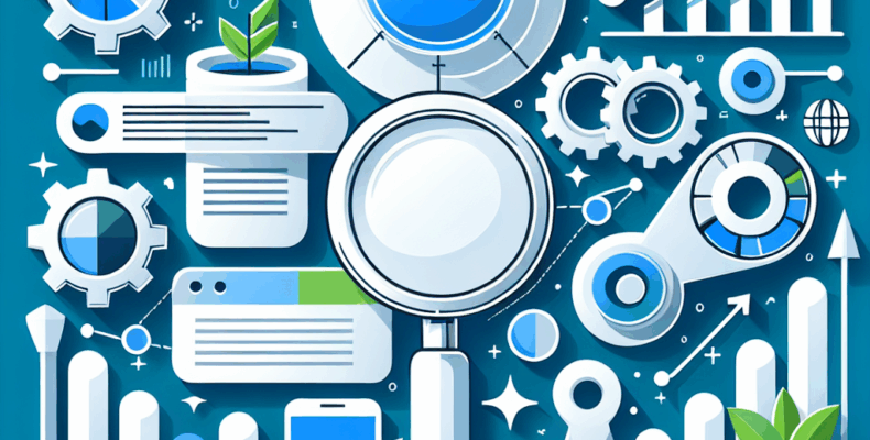 Professional SEO illustration with analytics charts and search optimization symbols for latest trends article