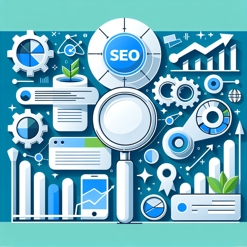 Professional SEO illustration with analytics charts and search optimization symbols for latest trends article