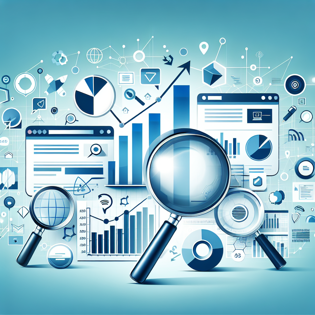 Professional SEO illustration with analytics charts and search optimization symbols for latest trends article