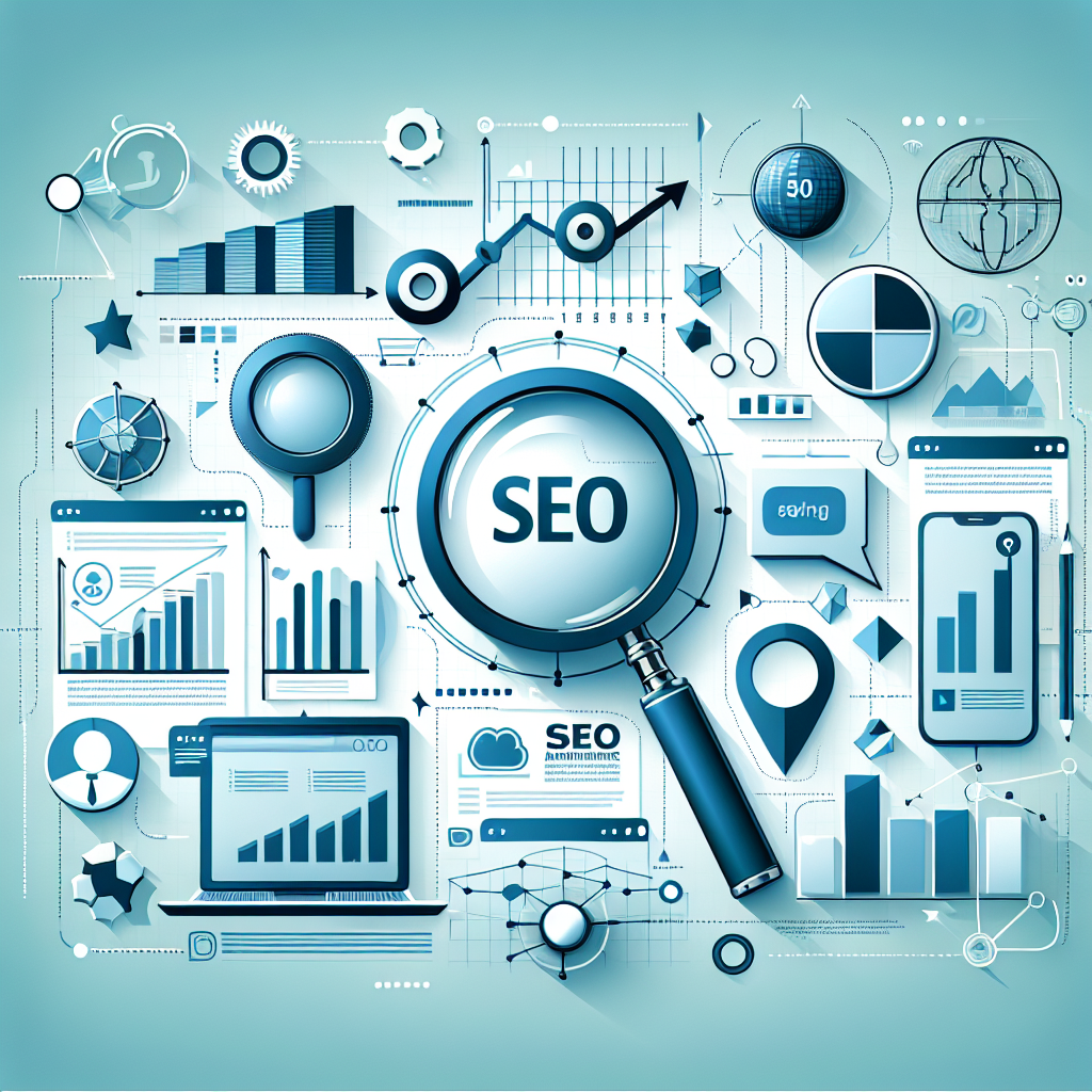 Professional SEO illustration with analytics charts and search optimization symbols for latest trends article