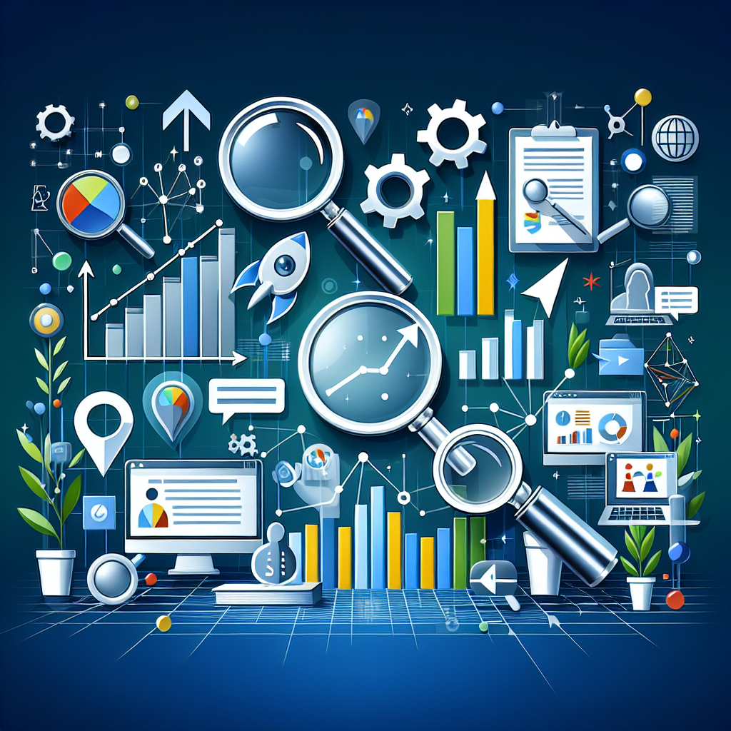 Professional SEO illustration with analytics charts and search optimization symbols for latest trends article