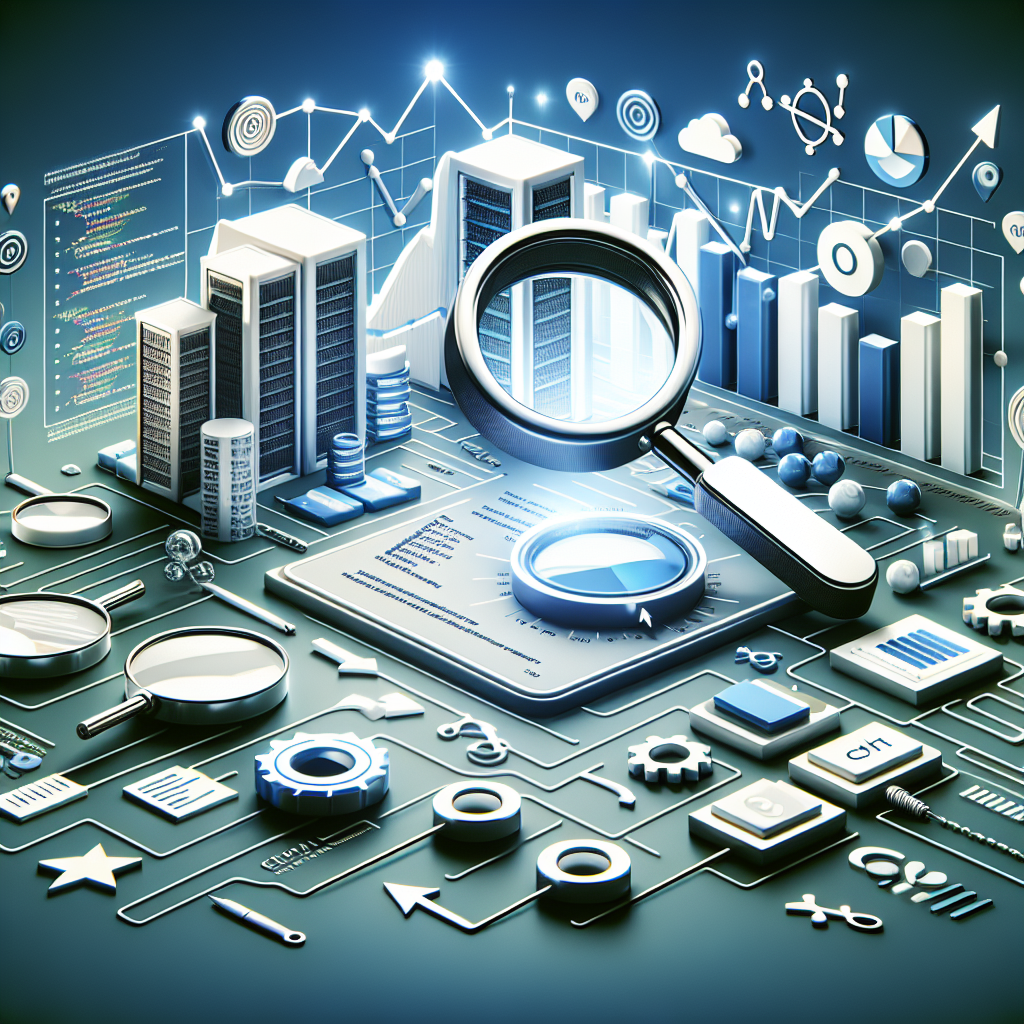 Professional SEO illustration with analytics charts and search optimization symbols for latest trends article