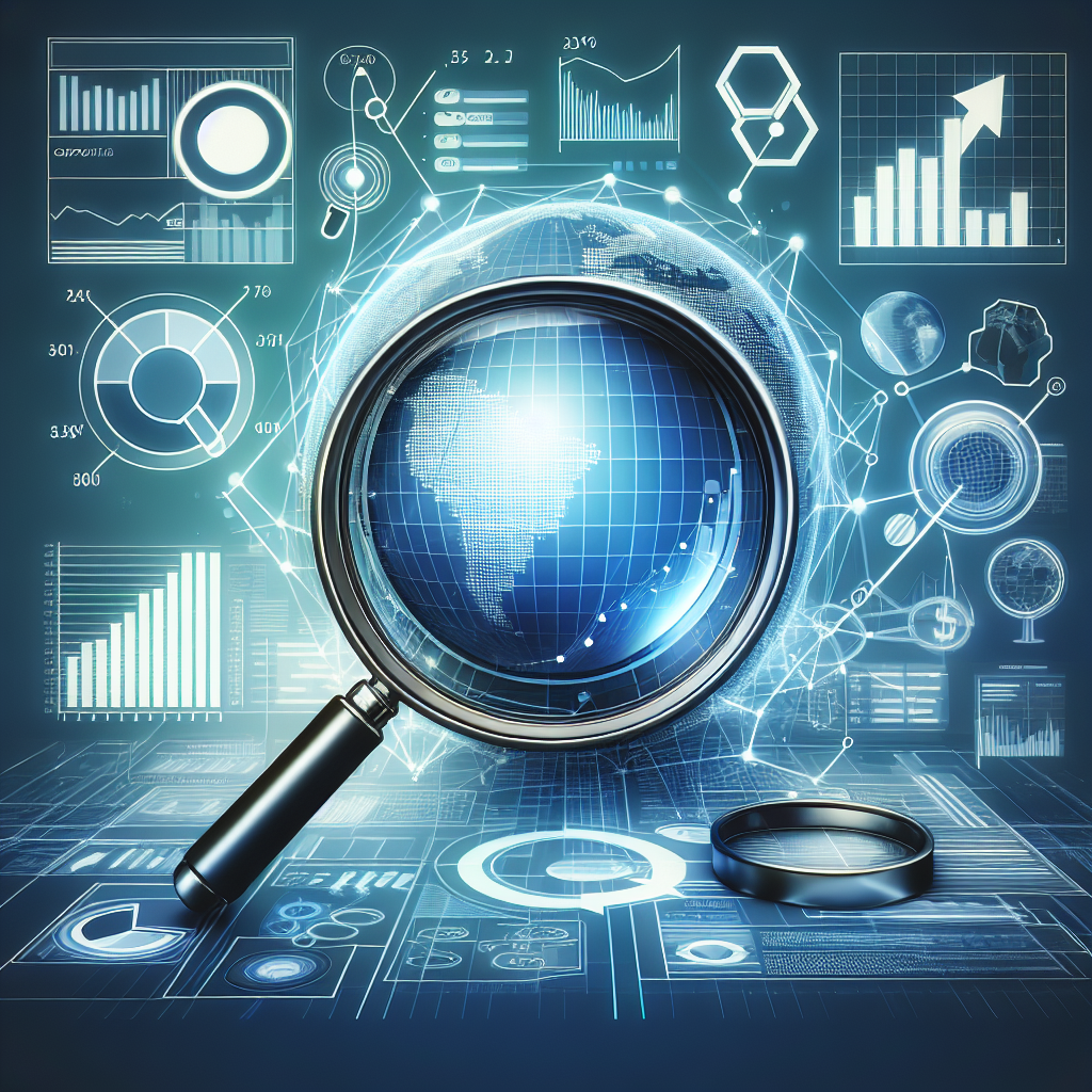 Professional SEO illustration with analytics charts and search optimization symbols for latest trends article