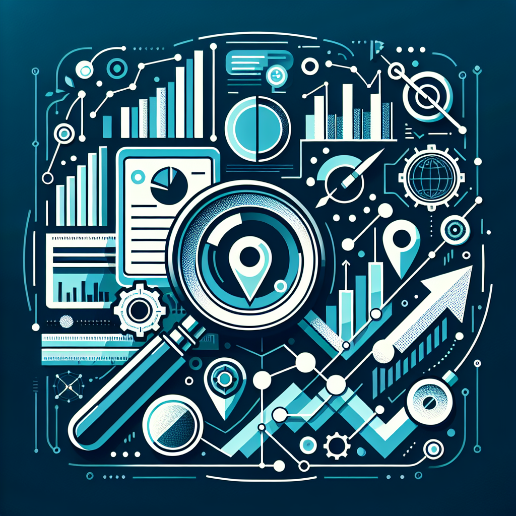 Professional SEO illustration with analytics charts and search optimization symbols for latest trends article