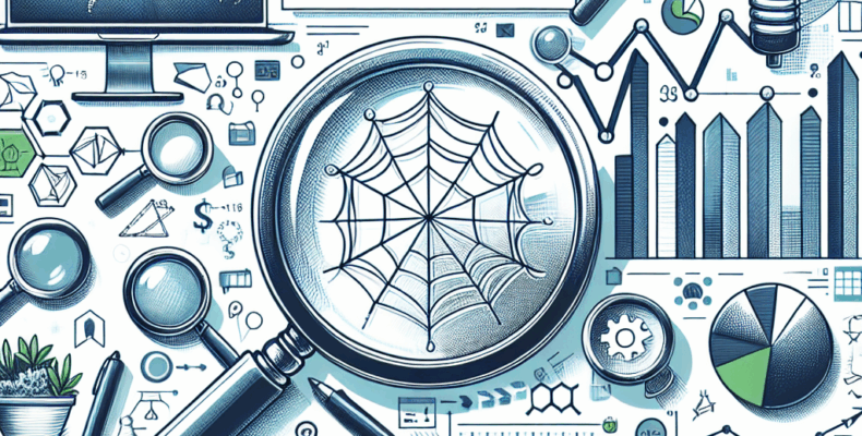 Professional SEO illustration with analytics charts and search optimization symbols for latest trends article