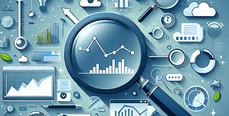 Professional SEO illustration with analytics charts and search optimization symbols for latest trends article