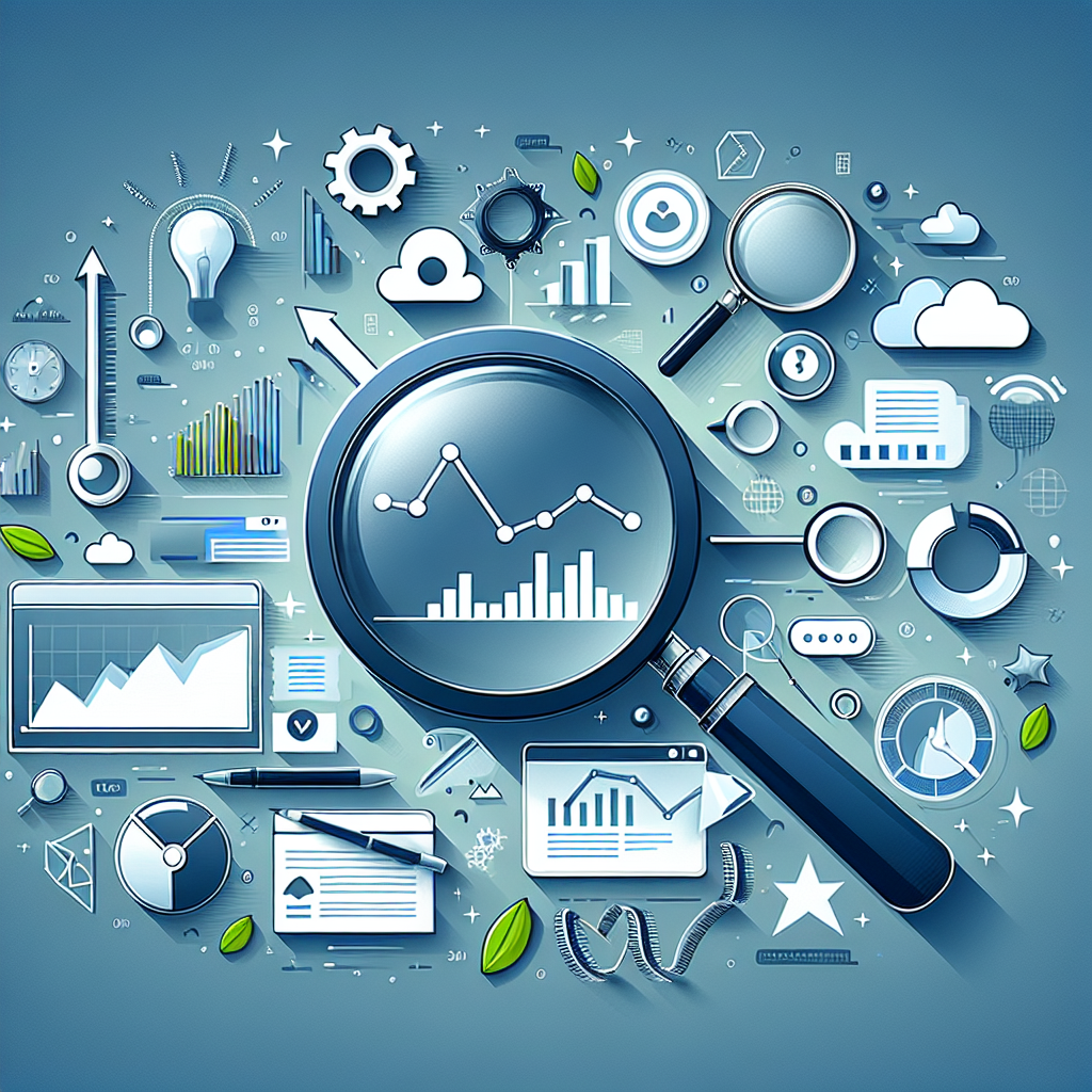 Professional SEO illustration with analytics charts and search optimization symbols for latest trends article