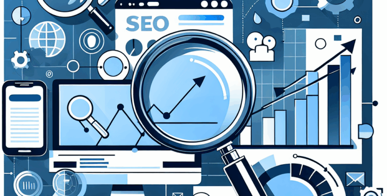 Professional SEO illustration with analytics charts and search optimization symbols for latest trends article