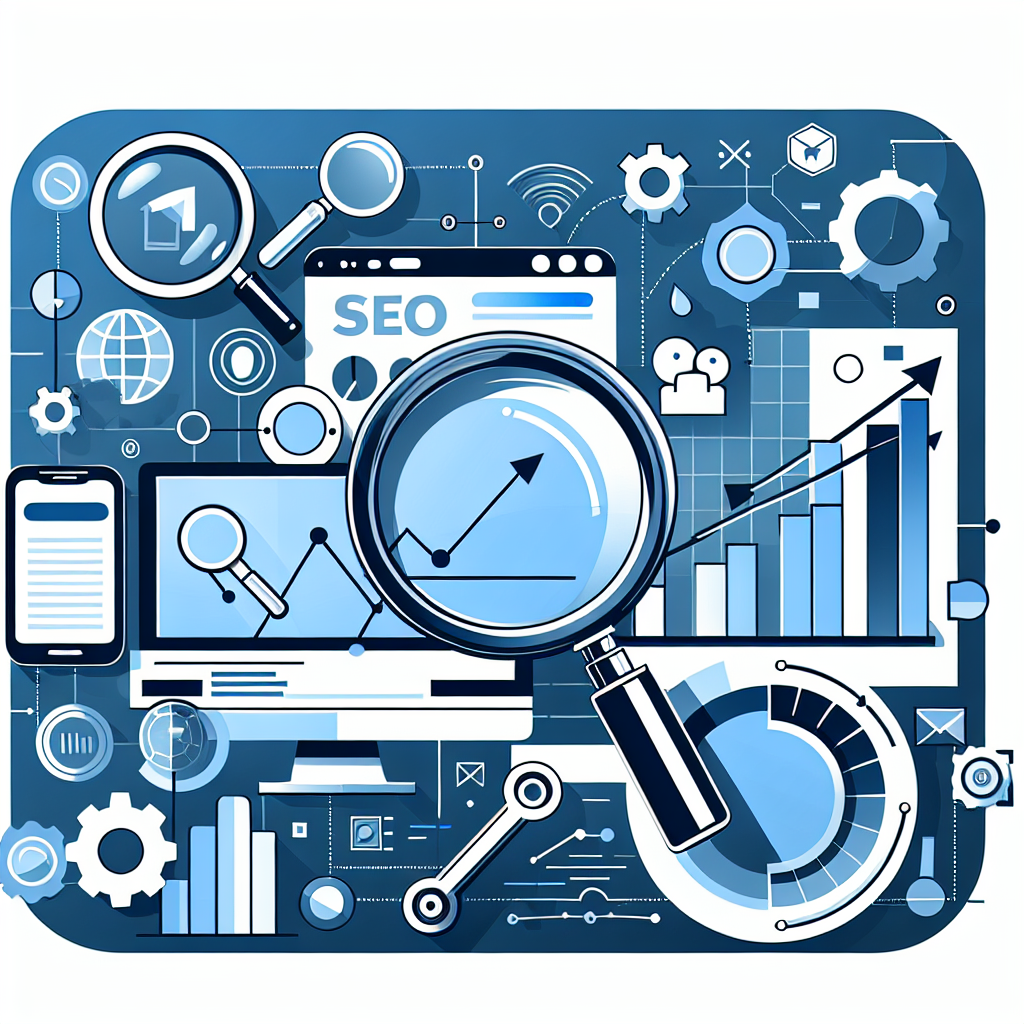Professional SEO illustration with analytics charts and search optimization symbols for latest trends article