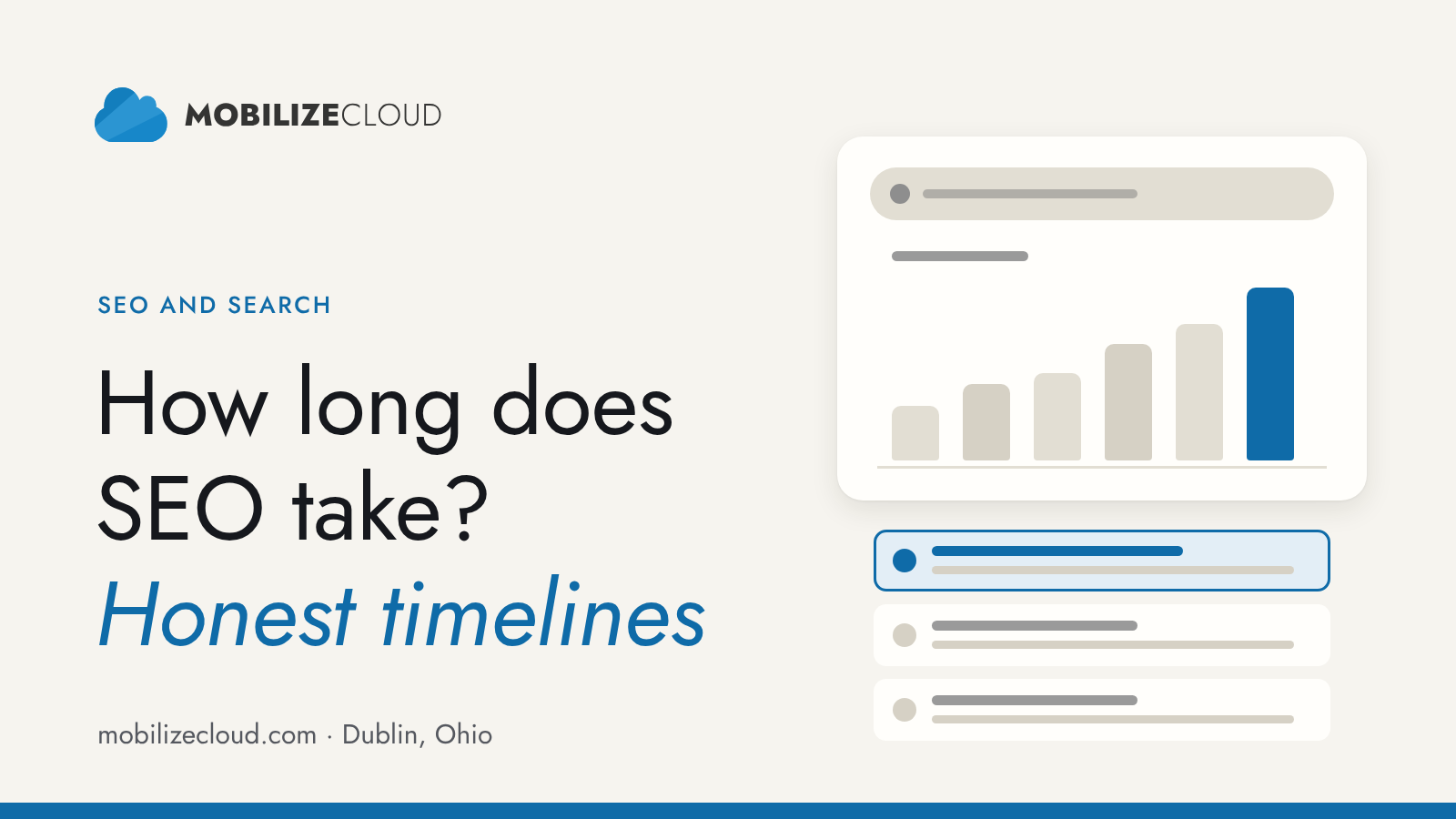 How long does SEO take? Honest timelines guide from Mobilize Cloud with a rising bar chart illustration