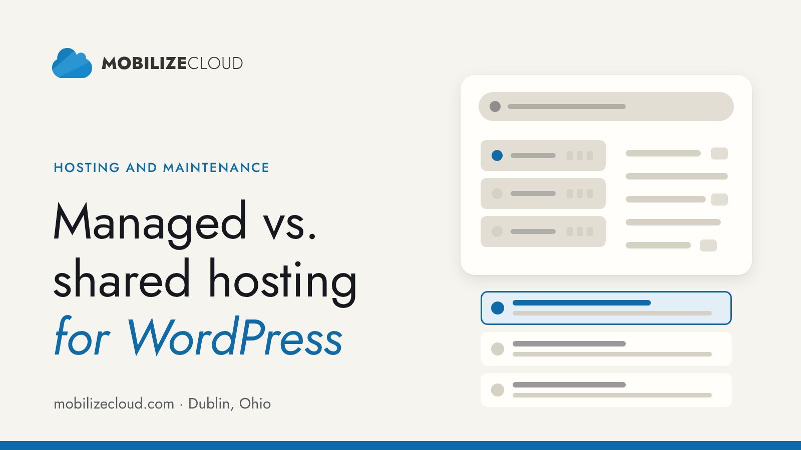 Managed WordPress Hosting vs Shared Hosting: Mobilize Cloud guide with a server stack illustration