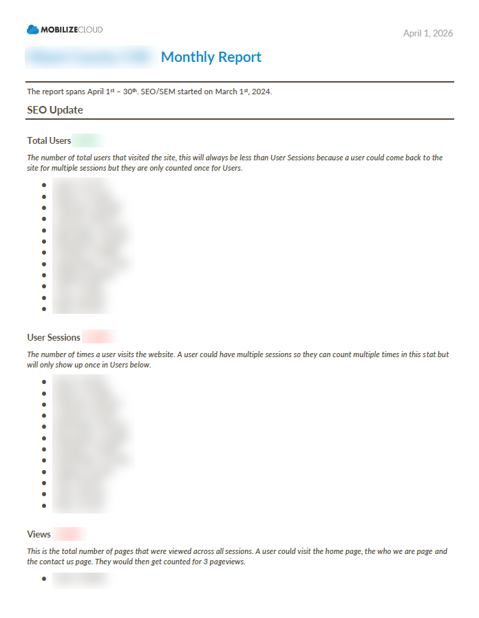 First page of a Mobilize Cloud monthly client report with client details blurred
