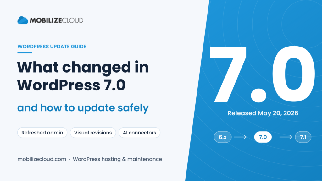 WordPress 7.0 update guide from Mobilize Cloud, showing the 7.0 release from May 20, 2026 and the upgrade path from 6.x to 7.0 and 7.1