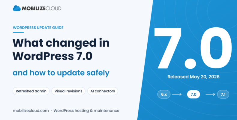 WordPress 7.0 update guide from Mobilize Cloud, showing the 7.0 release from May 20, 2026 and the upgrade path from 6.x to 7.0 and 7.1