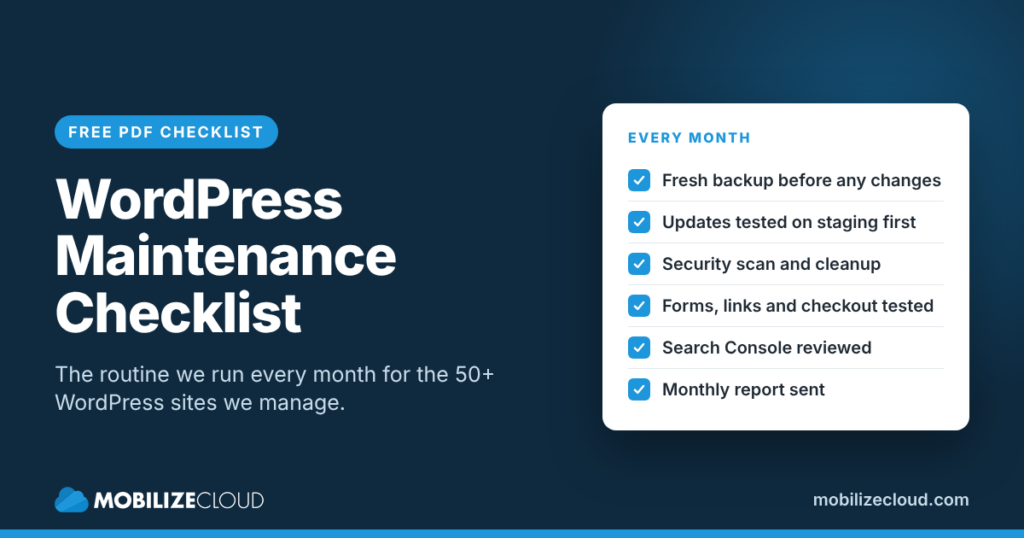 WordPress Maintenance Checklist: the routine Mobilize Cloud runs every month for the 50+ WordPress sites it manages