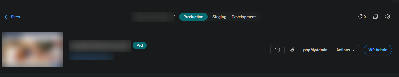 WP Engine portal showing a site with separate Production, Staging, and Development environments
